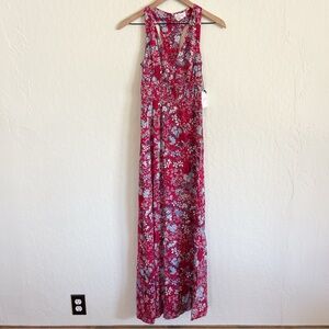 Japna Sleeveless V-Neck Maxi Dress size XS Red Blue Floral Smocked Racerback